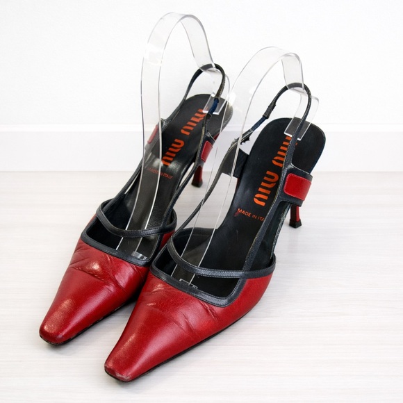 Miu Miu Shoes - Miu Miu Red Leather Slingback Heels Square Toe Italy 38 Y2K Prada Grunge Punk